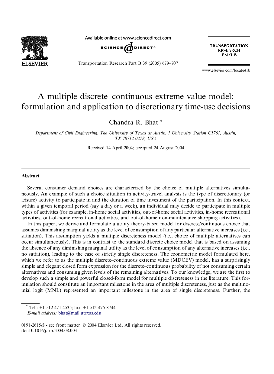 A multiple discrete-continuous extreme value model: formulation and application to discretionary time-use decisions