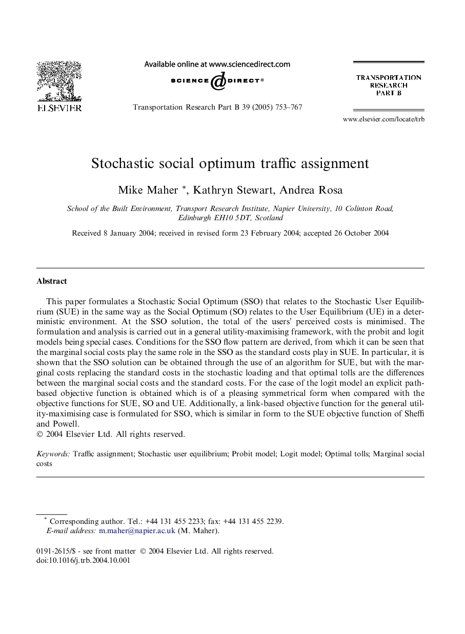 Stochastic social optimum traffic assignment