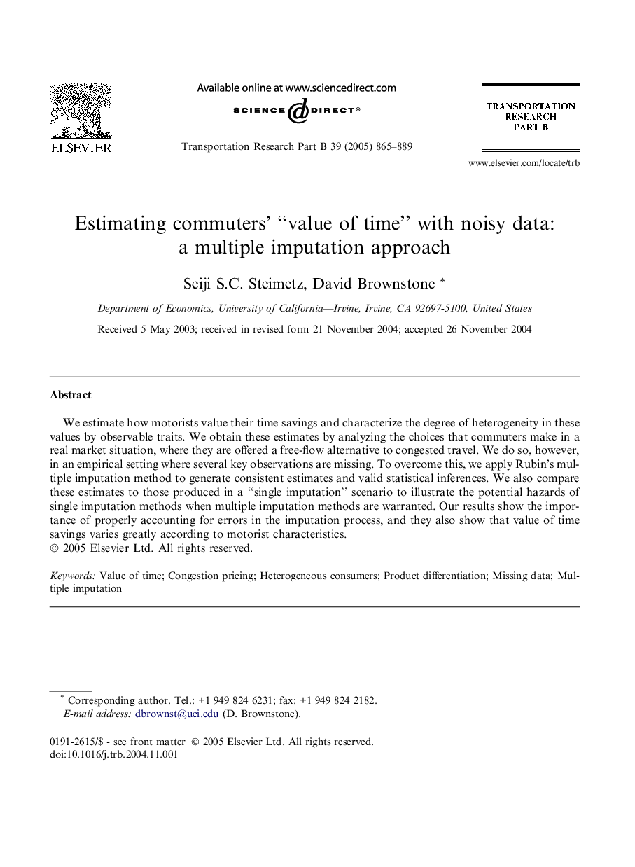 Estimating commuters' “value of time” with noisy data: a multiple imputation approach