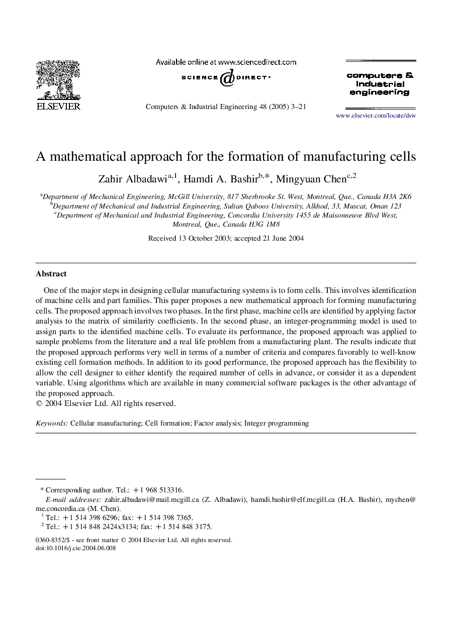 A mathematical approach for the formation of manufacturing cells