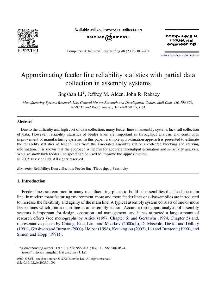 Approximating feeder line reliability statistics with partial data collection in assembly systems