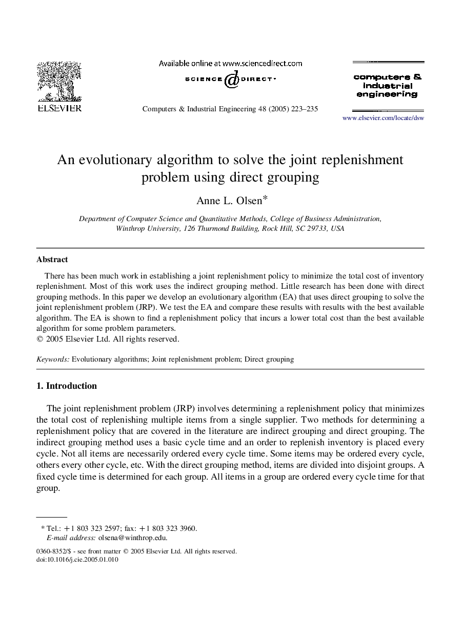 An evolutionary algorithm to solve the joint replenishment problem using direct grouping