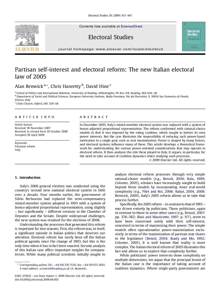 Partisan self-interest and electoral reform: The new Italian electoral law of 2005