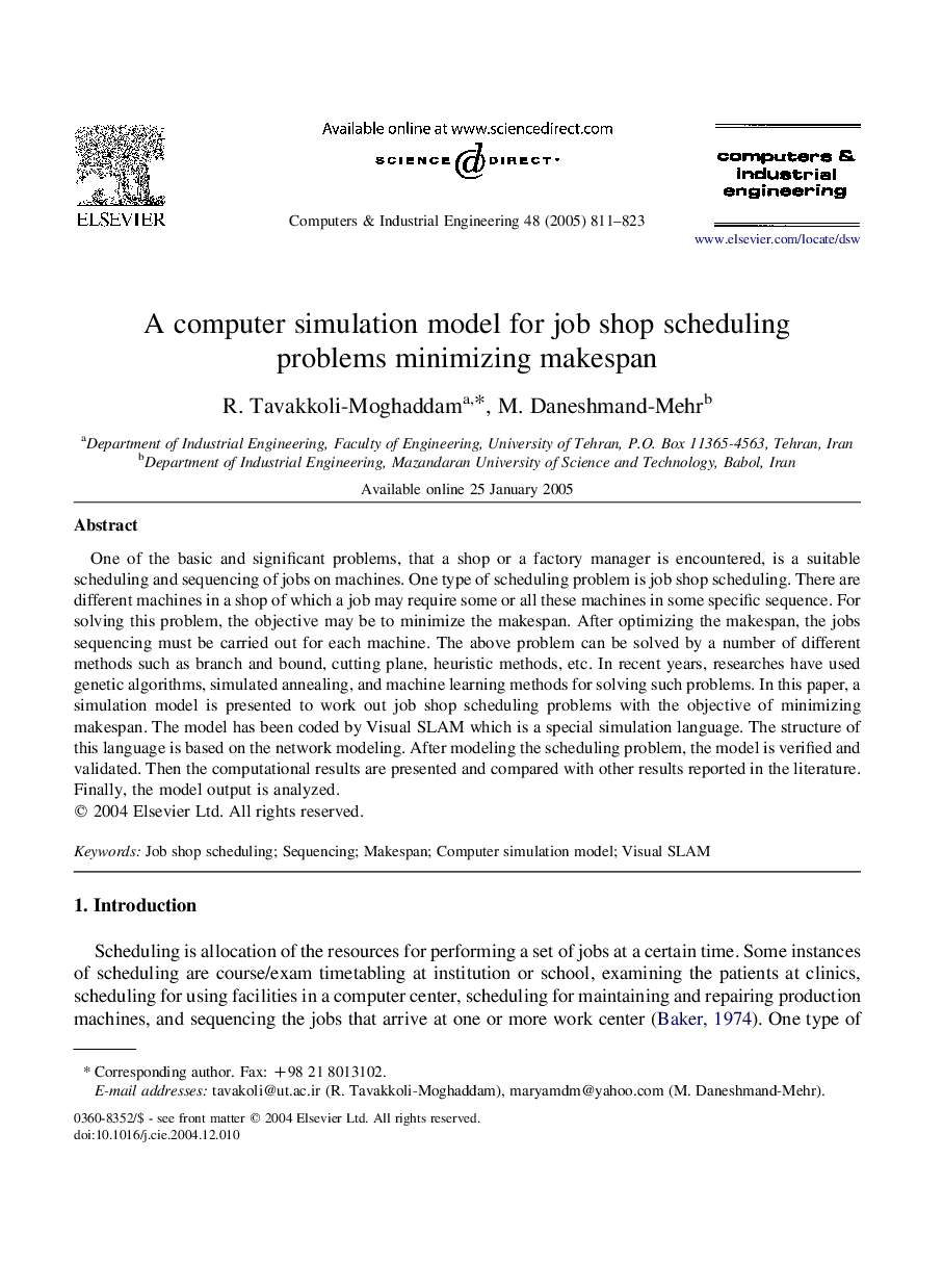 A computer simulation model for job shop scheduling problems minimizing makespan