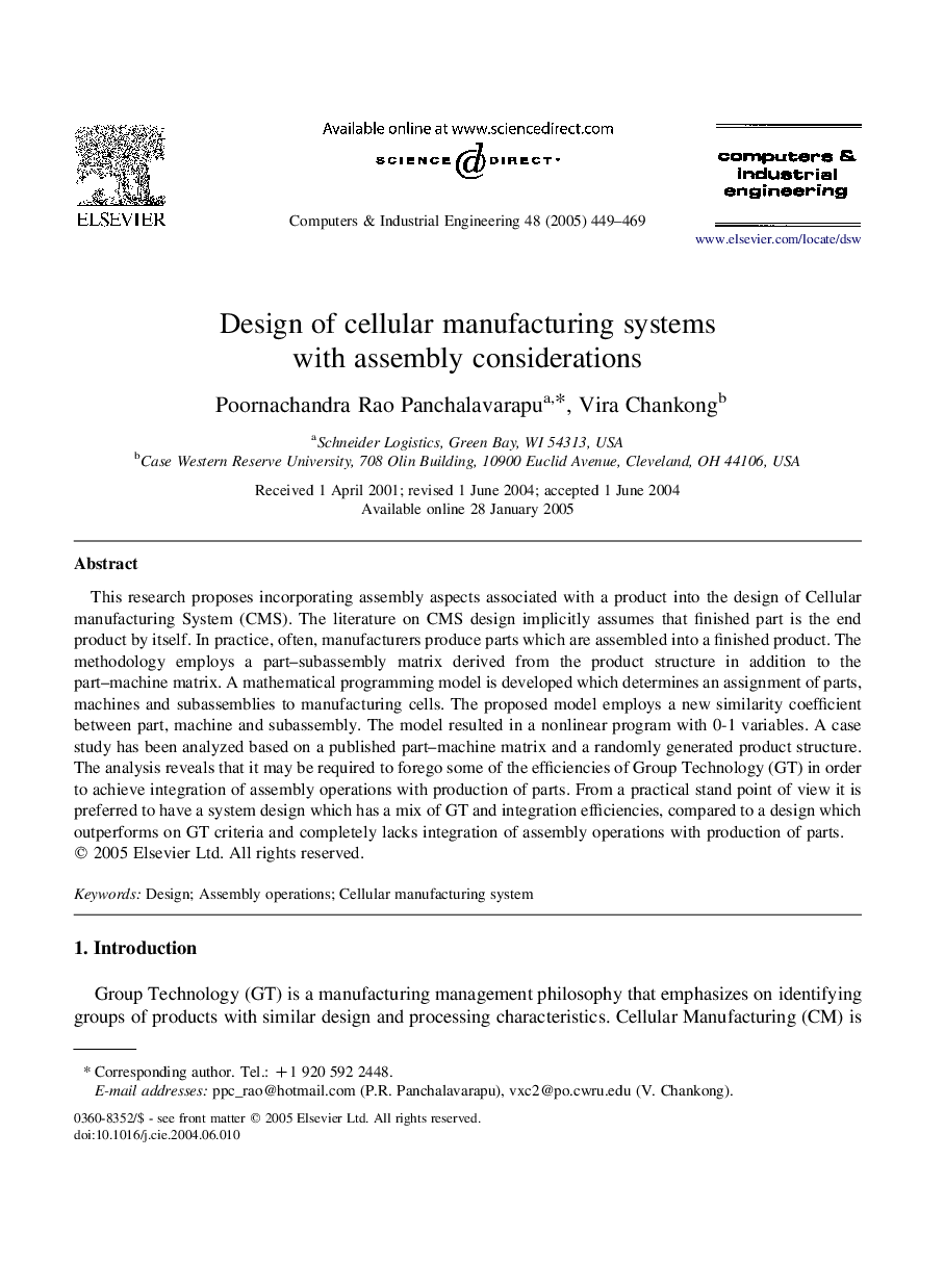 Design of cellular manufacturing systems with assembly considerations