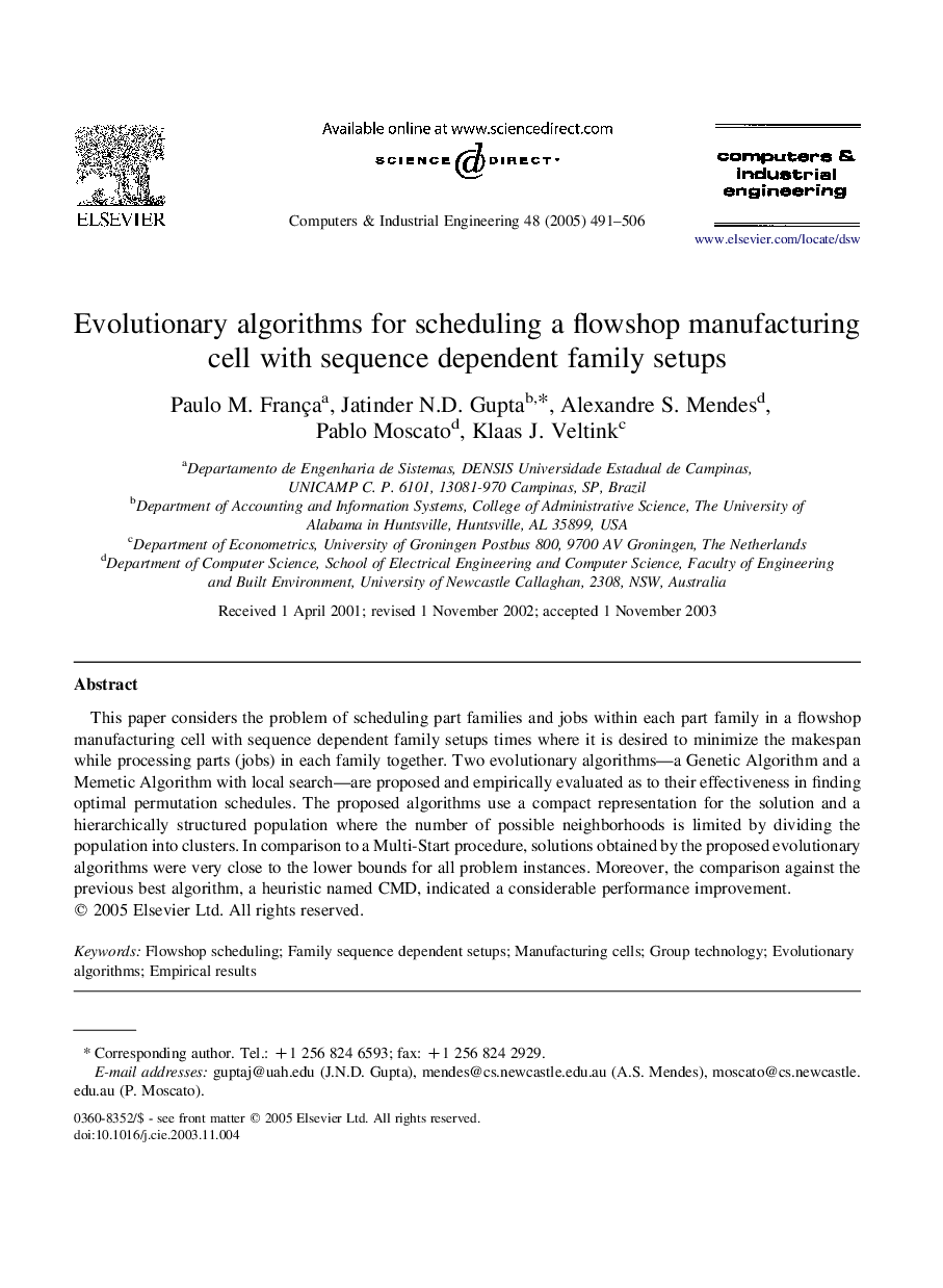 Evolutionary algorithms for scheduling a flowshop manufacturing cell with sequence dependent family setups