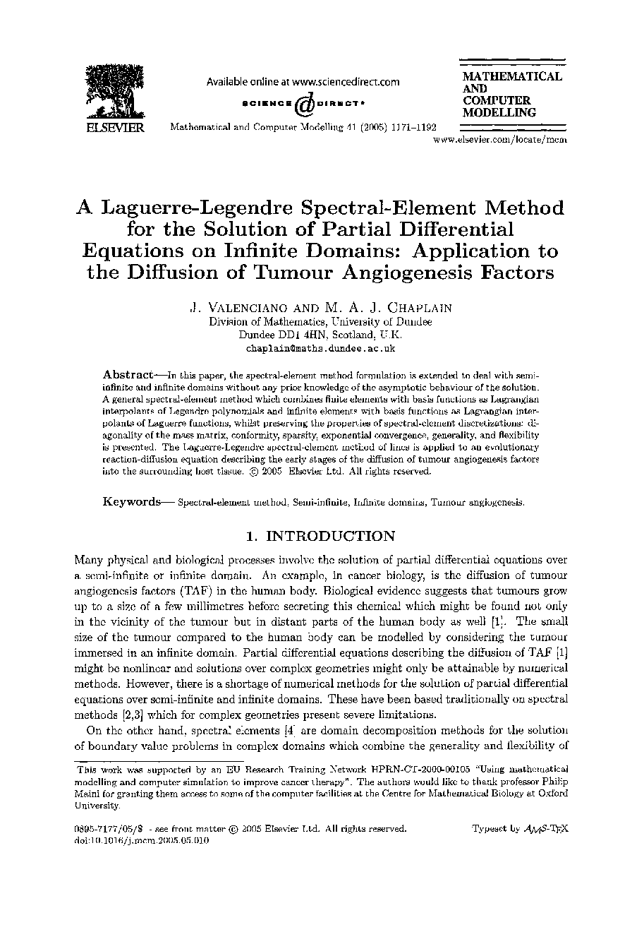A laguerre-legendre spectral-element method for the solution of partial differential equations on infinite domains: Application to the diffusion of tumour angiogenesis factors