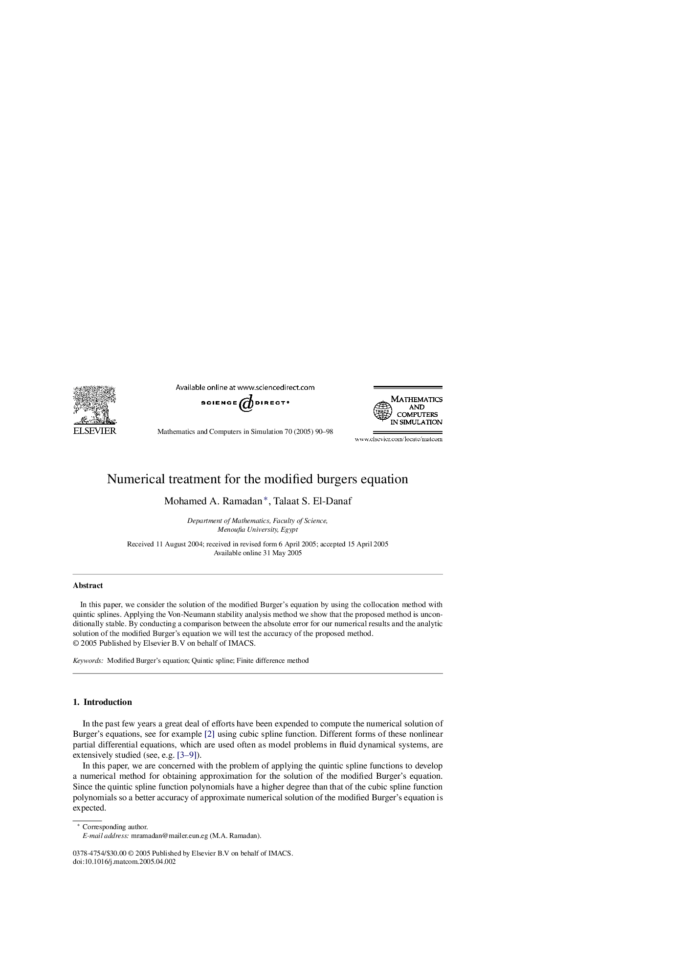 عکس صفحه اول مقاله: Numerical treatment for the modified burgers equation Numerical treatment for the modified burgers equation