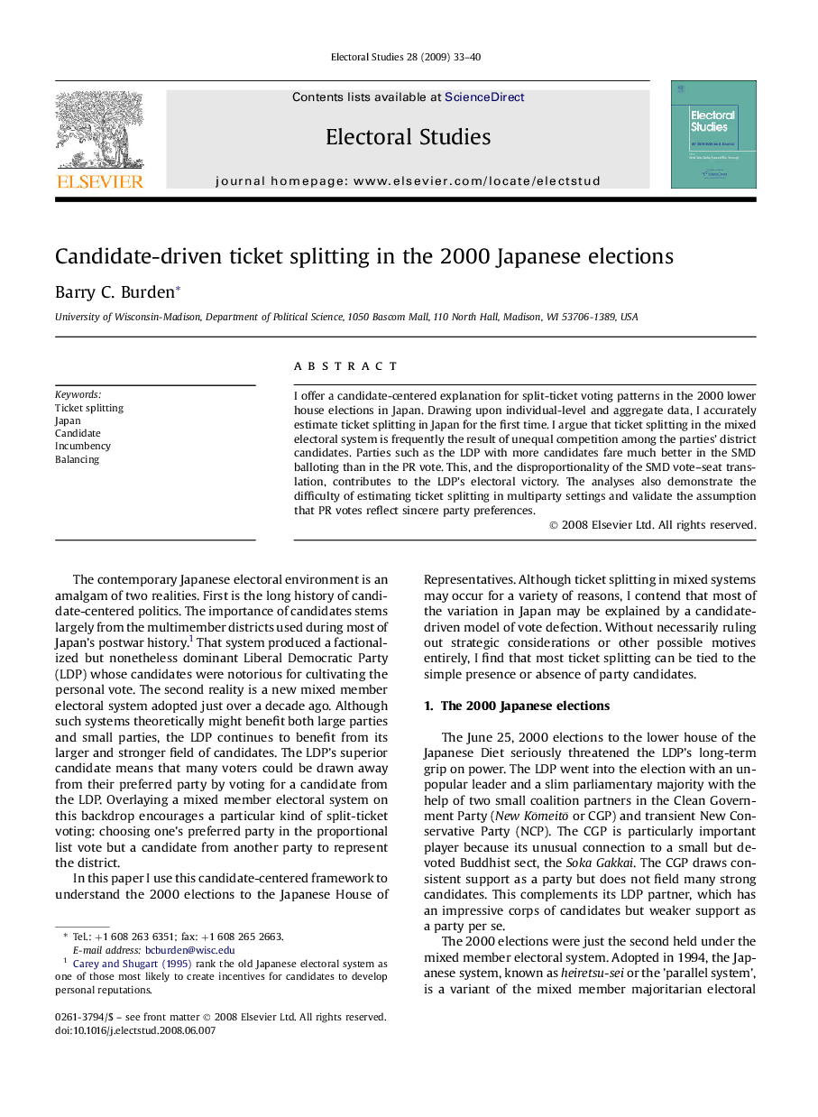 Candidate-driven ticket splitting in the 2000 Japanese elections