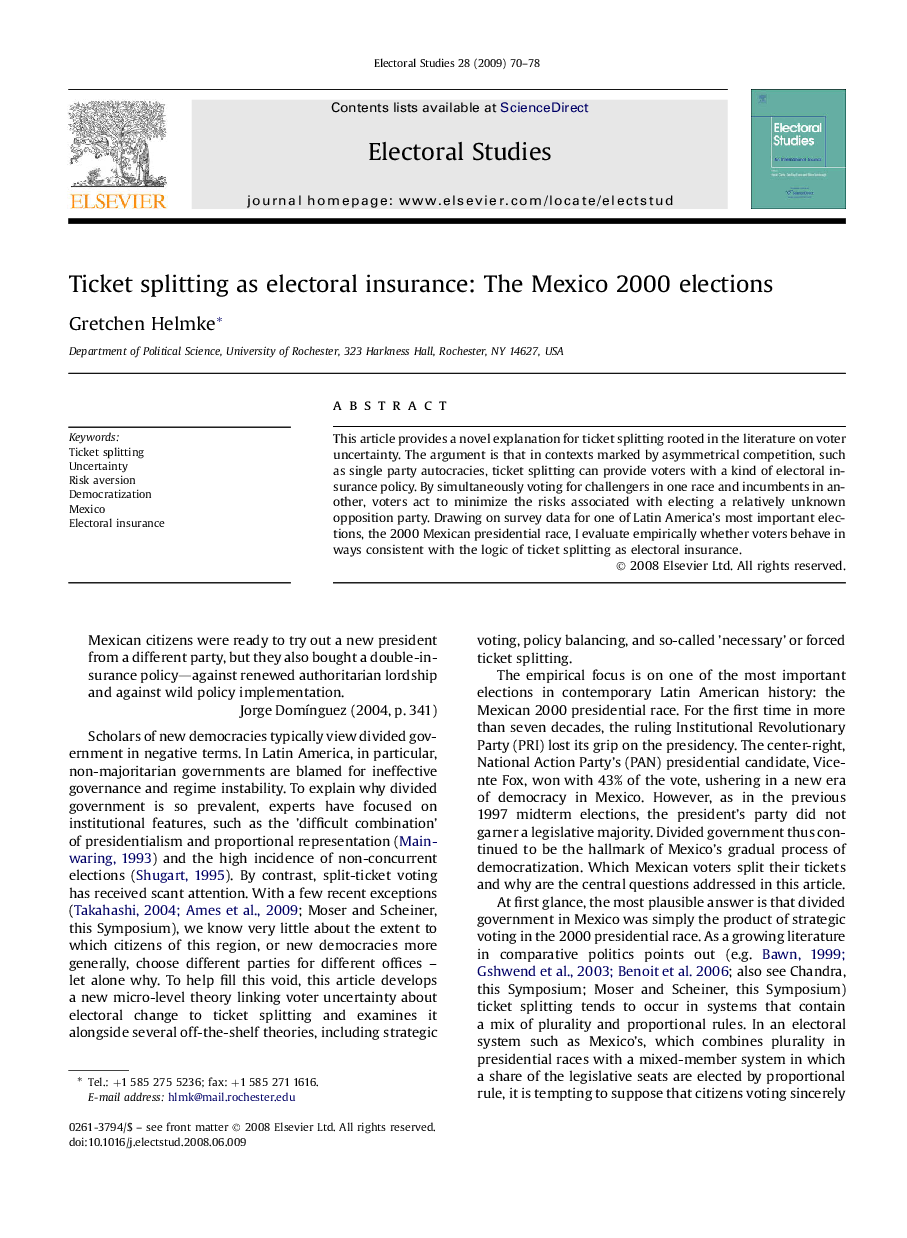 Ticket splitting as electoral insurance: The Mexico 2000 elections