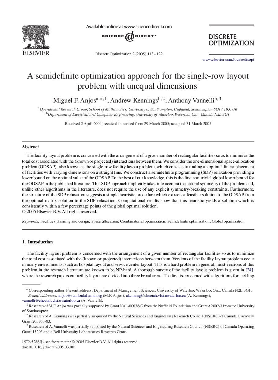 A semidefinite optimization approach for the single-row layout problem with unequal dimensions