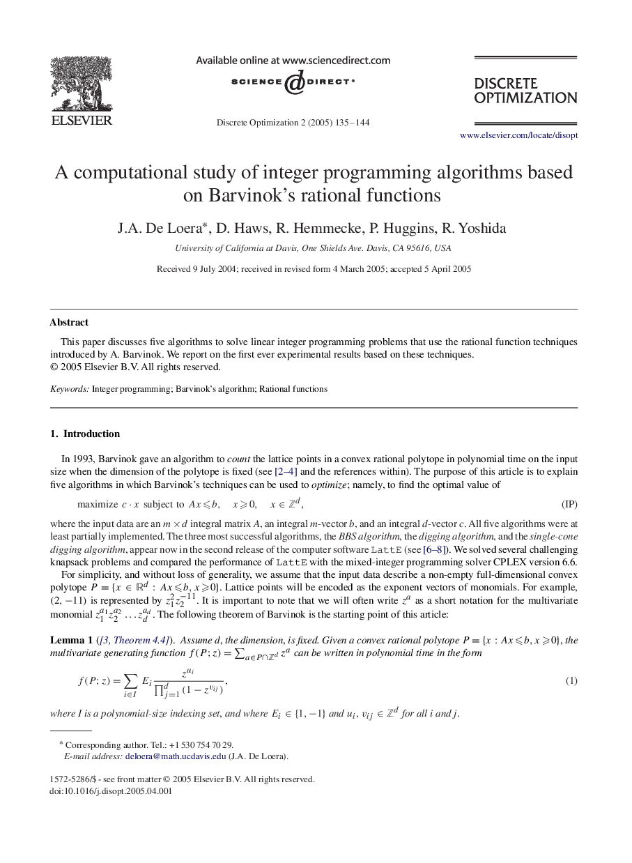 A computational study of integer programming algorithms based on Barvinok's rational functions