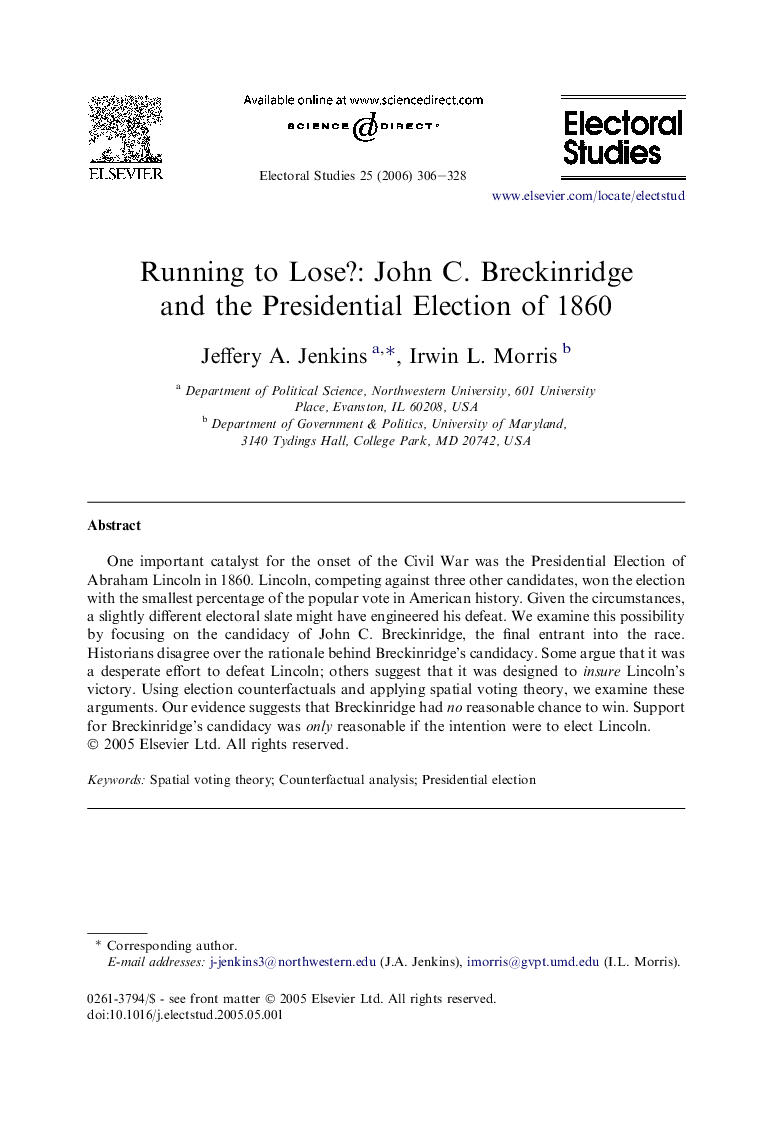 Running to Lose?: John C. Breckinridge and the Presidential Election of 1860