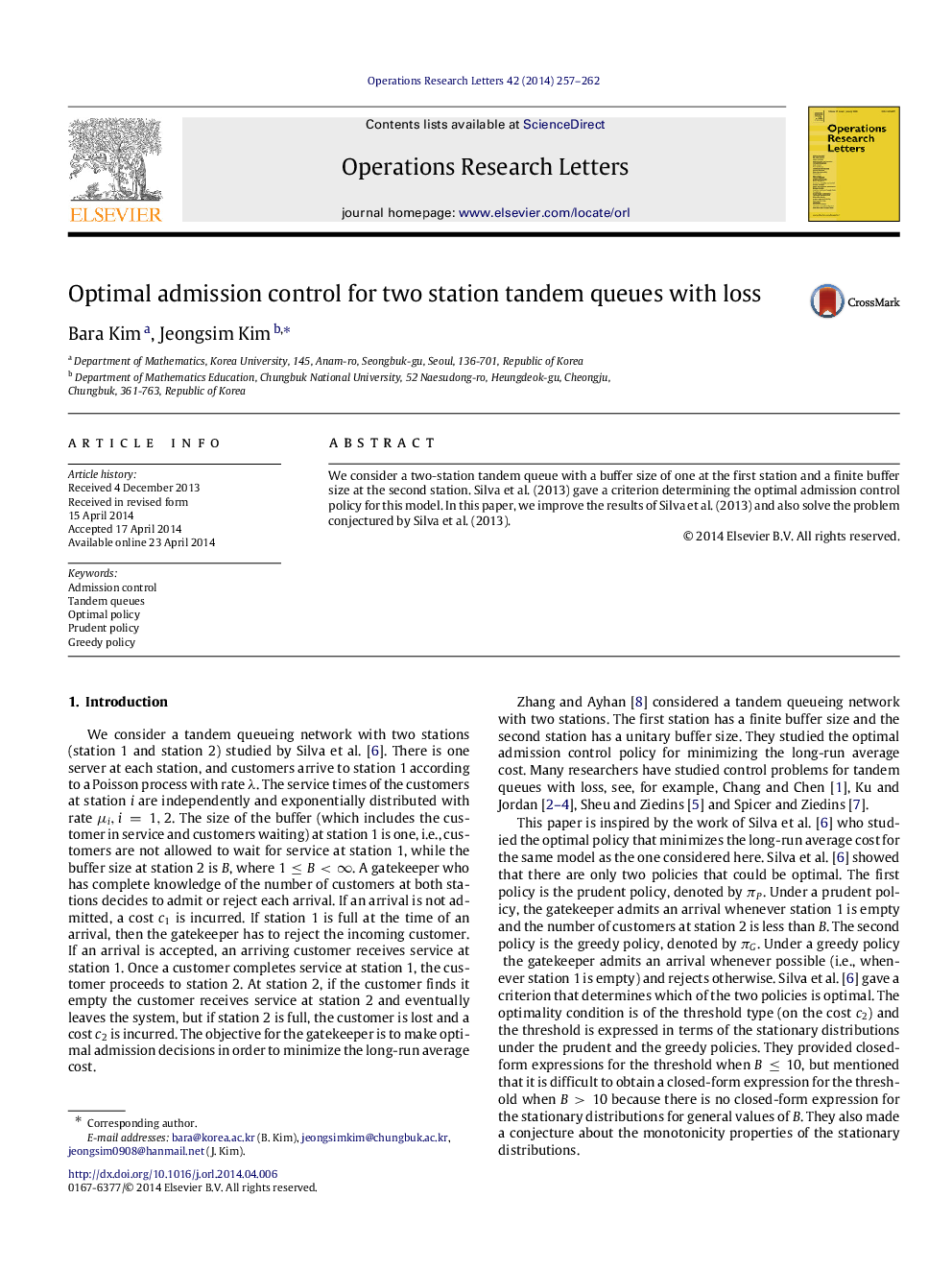 Optimal admission control for two station tandem queues with loss