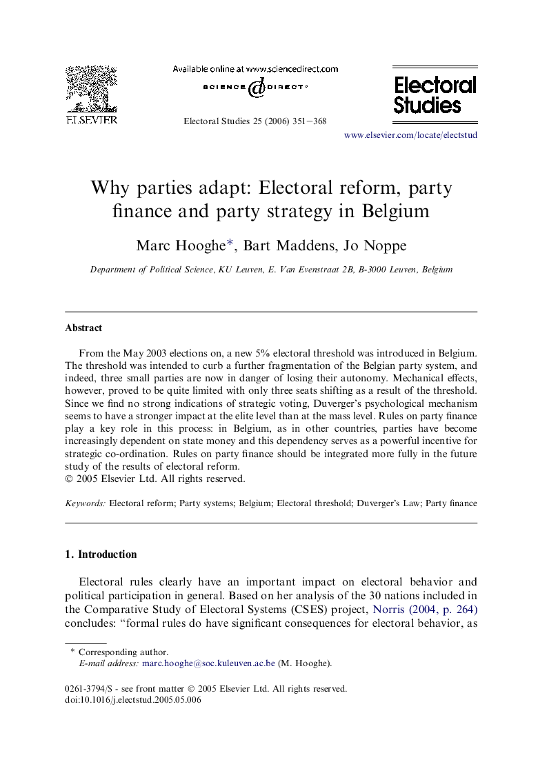 Why parties adapt: Electoral reform, party finance and party strategy in Belgium