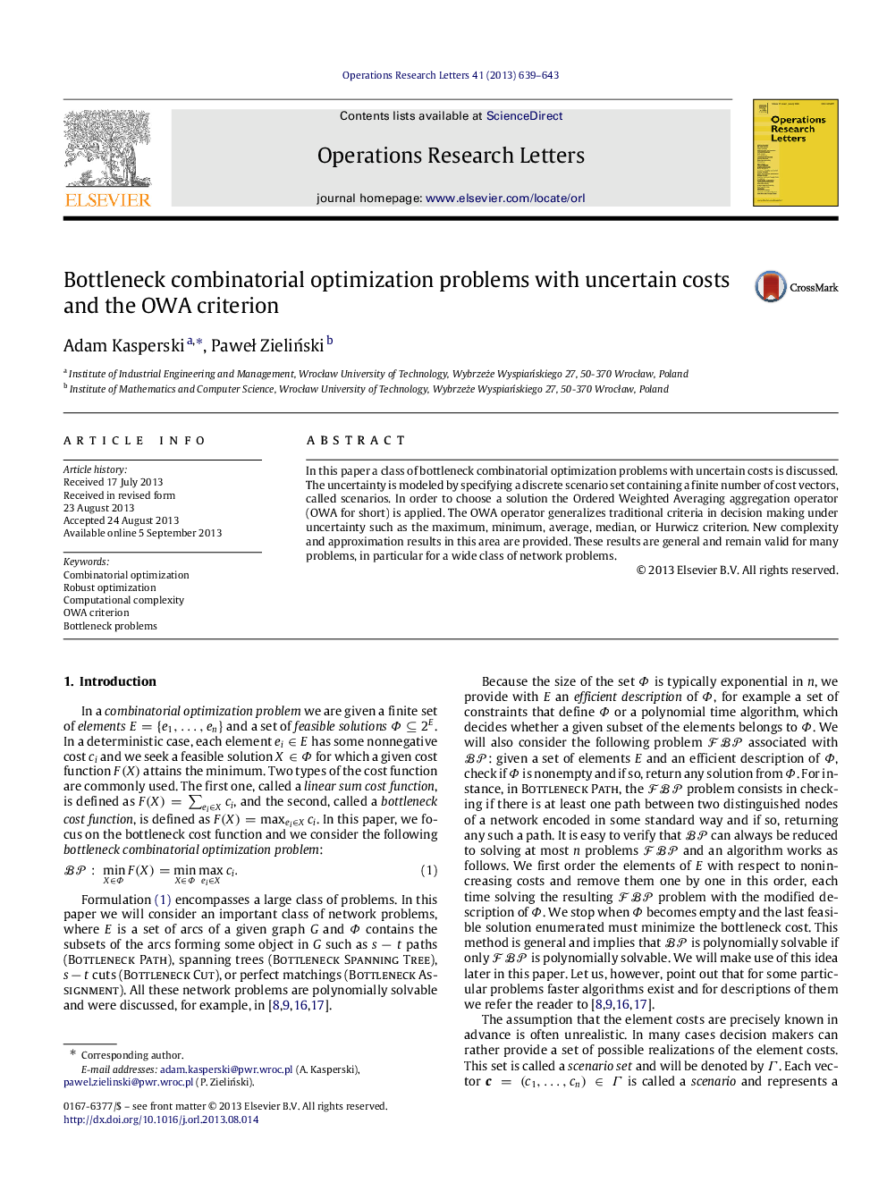 Bottleneck combinatorial optimization problems with uncertain costs and the OWA criterion