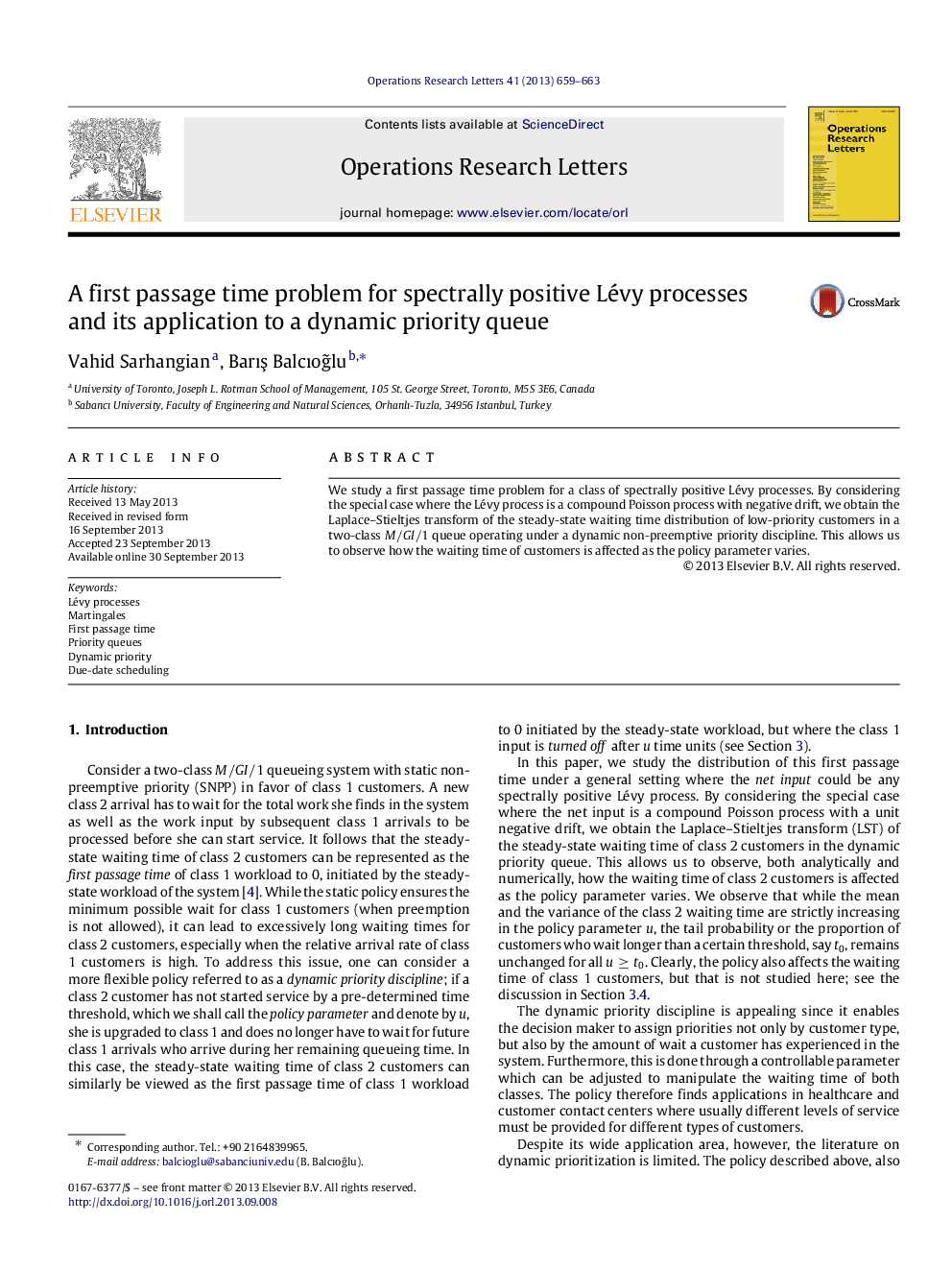 A first passage time problem for spectrally positive Lévy processes and its application to a dynamic priority queue