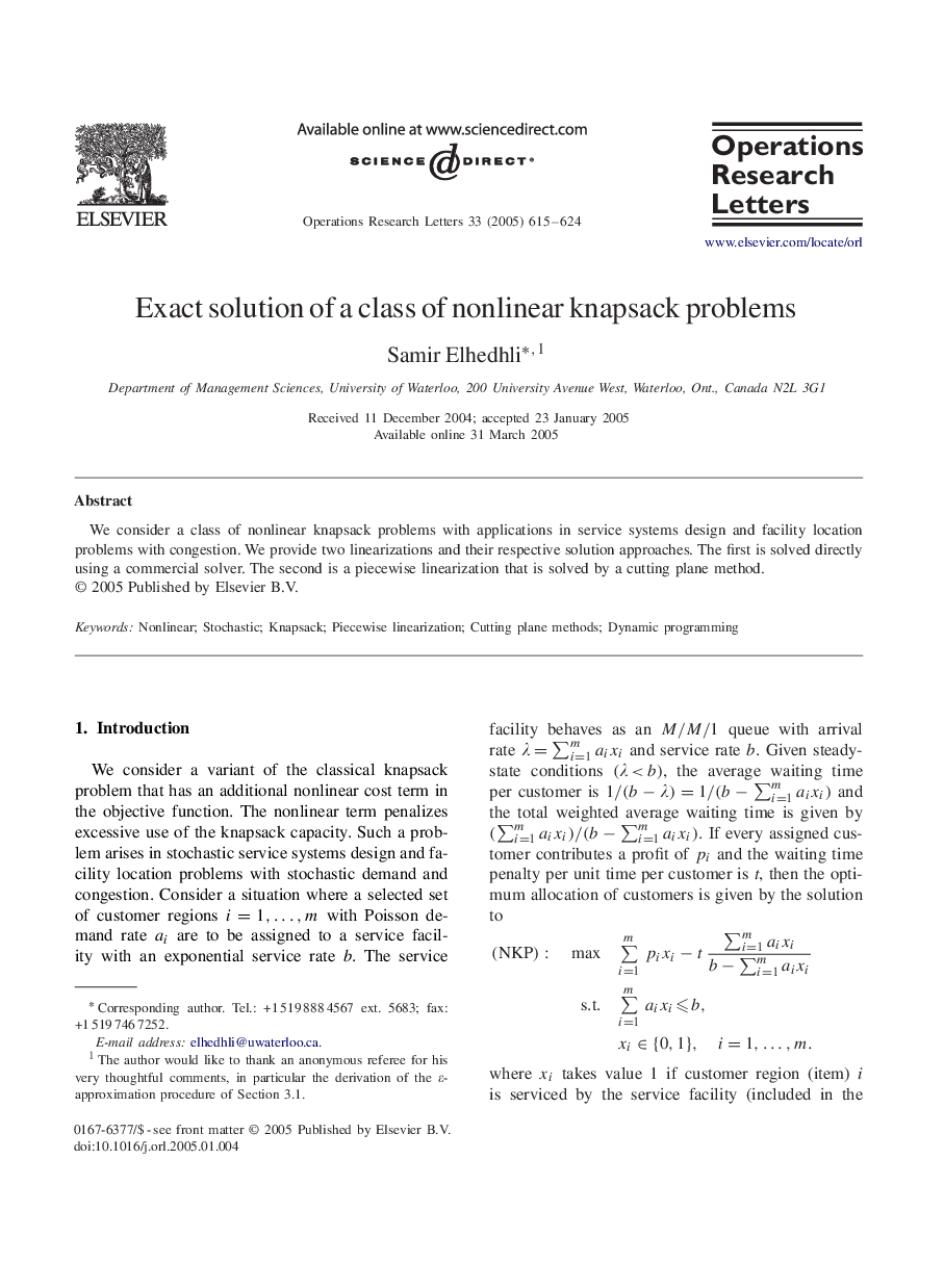 Exact solution of a class of nonlinear knapsack problems