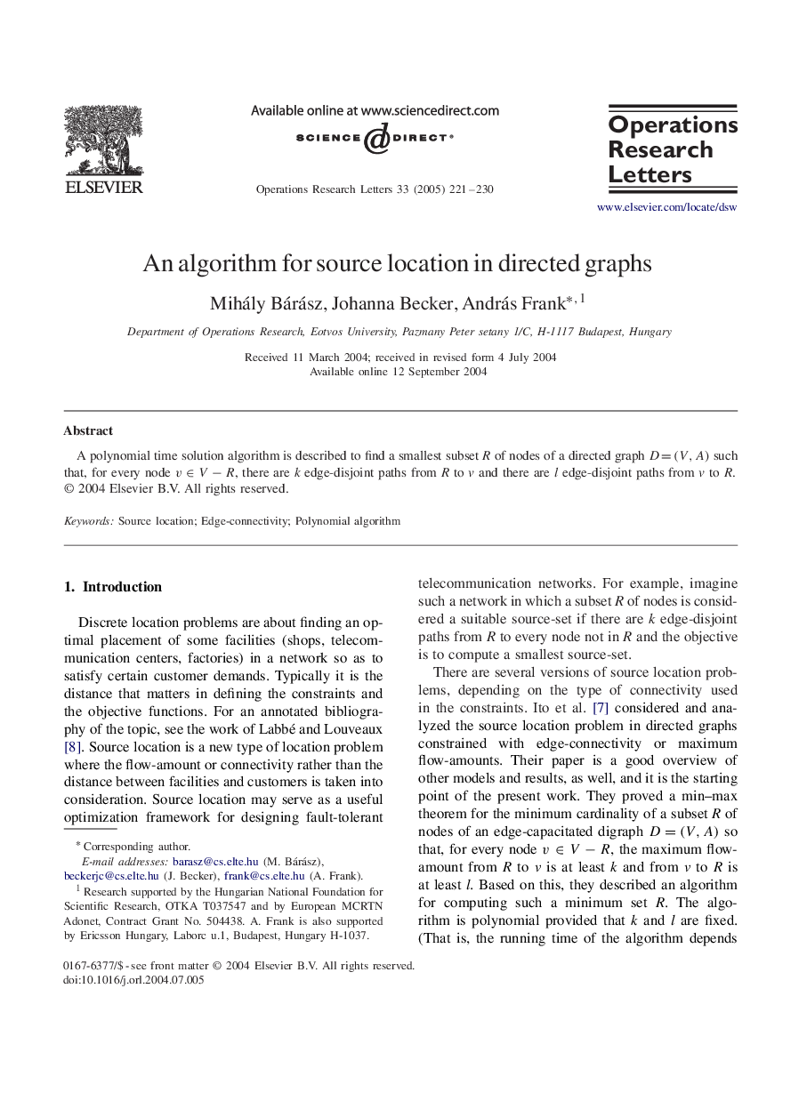 An algorithm for source location in directed graphs