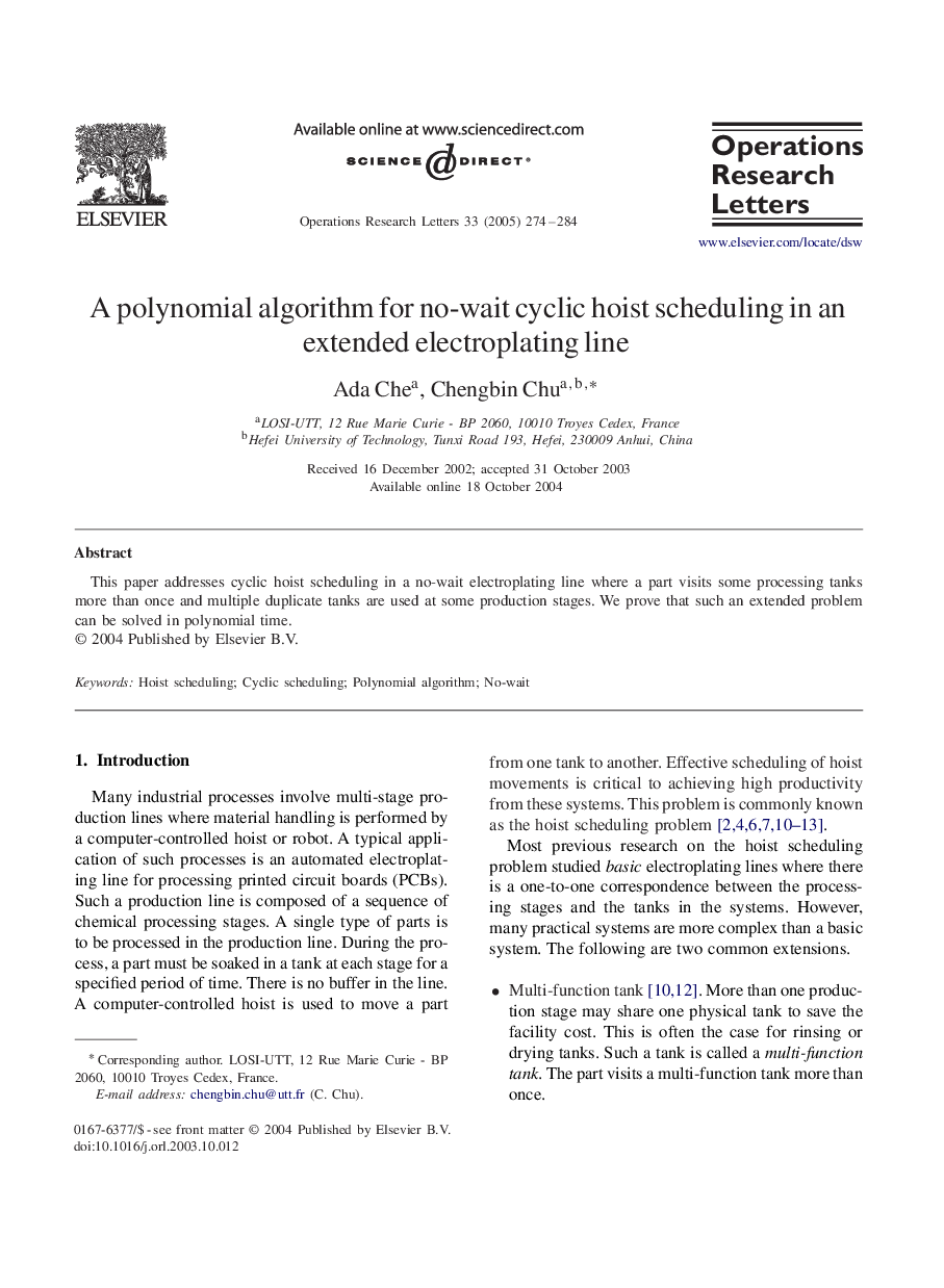 A polynomial algorithm for no-wait cyclic hoist scheduling in an extended electroplating line