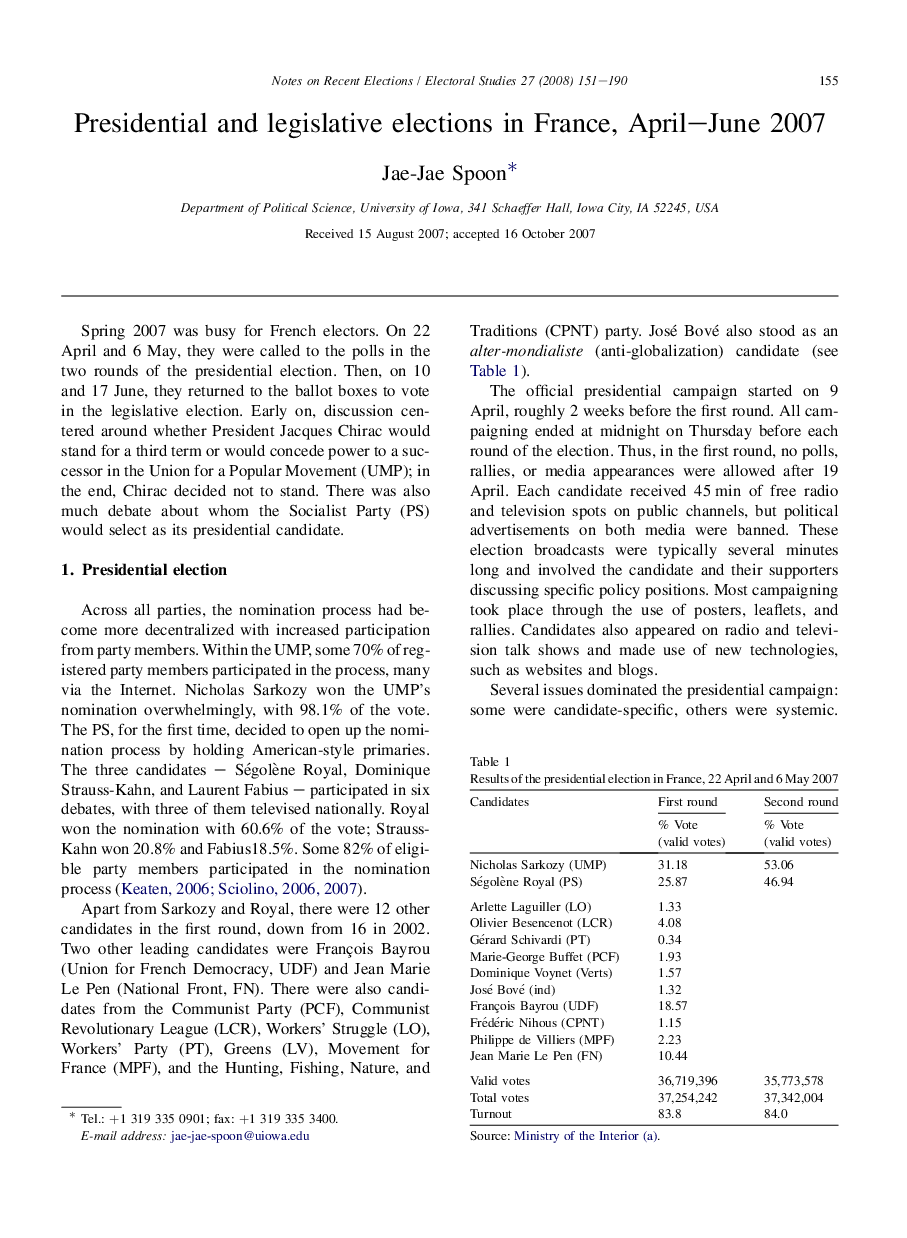Presidential and legislative elections in France, April-June 2007