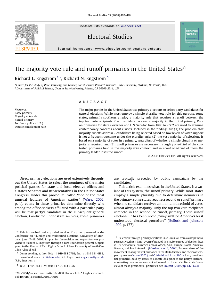 The majority vote rule and runoff primaries in the United States 