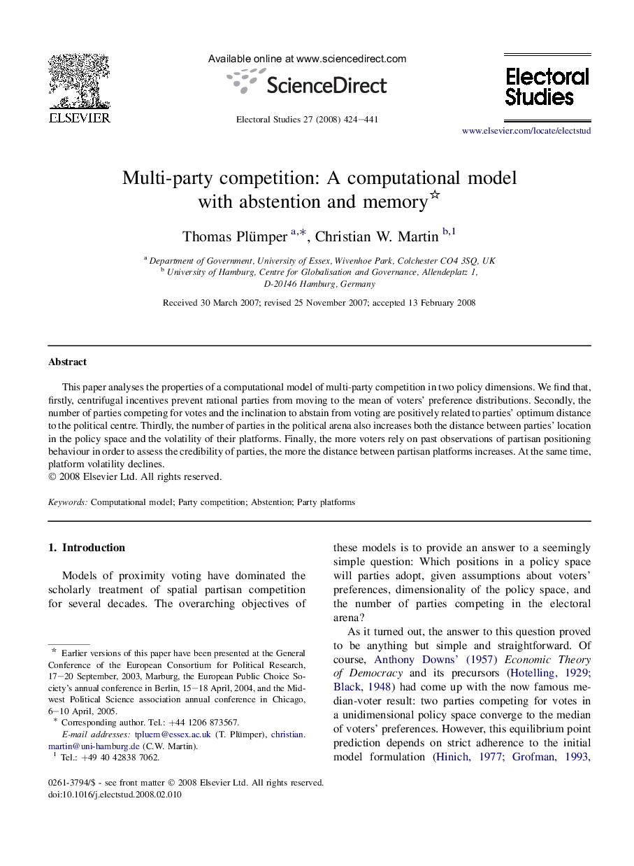 Multi-party competition: A computational model with abstention and memory 