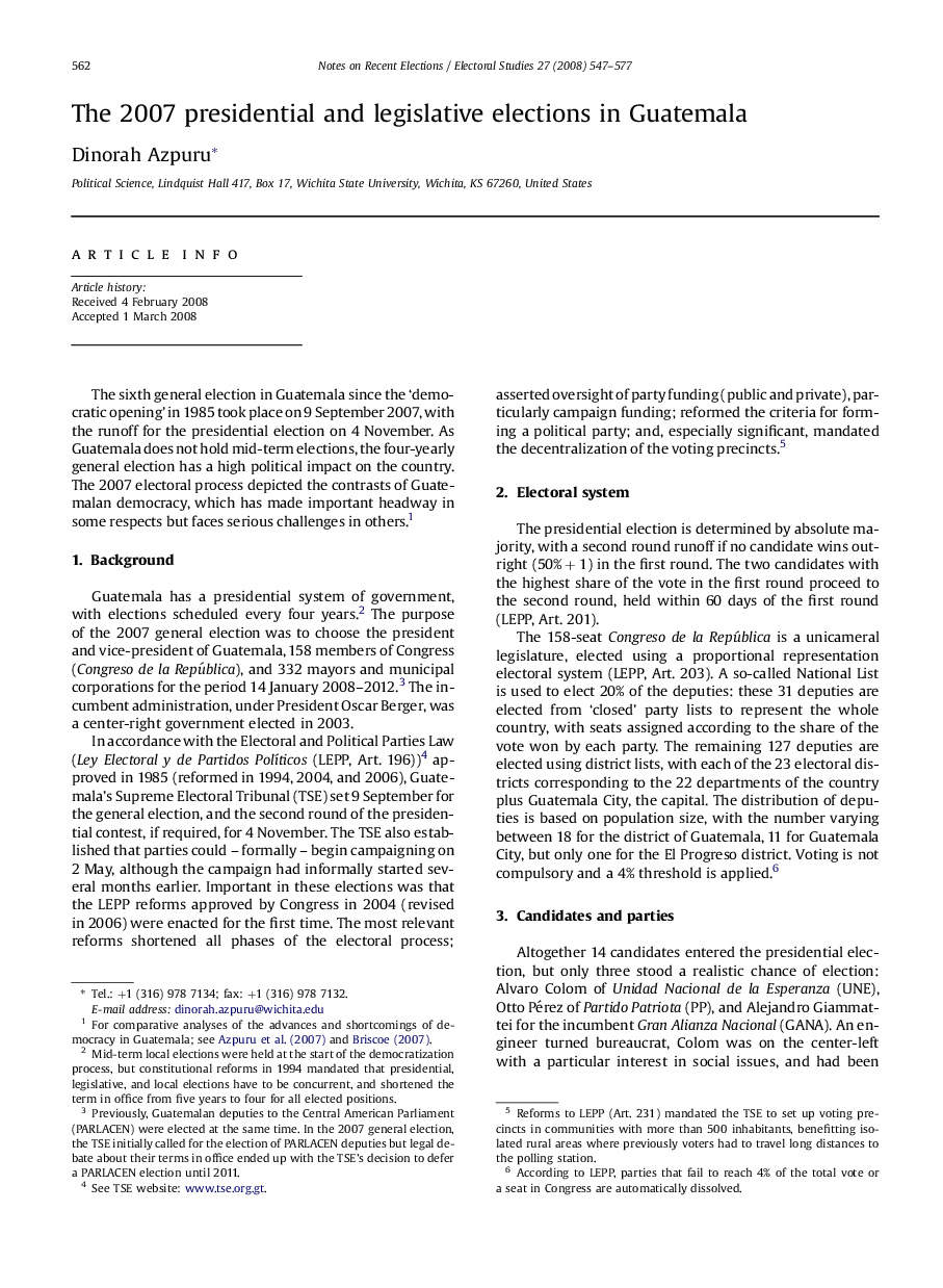 The 2007 presidential and legislative elections in Guatemala