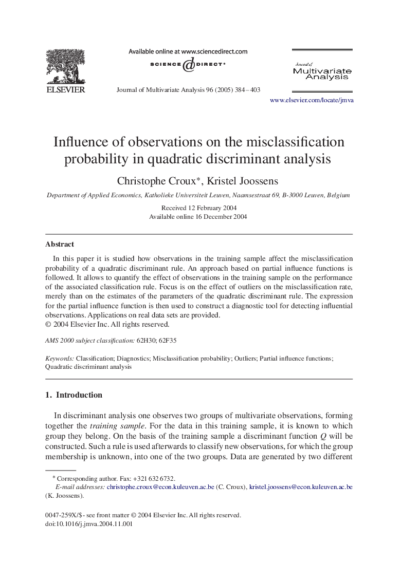 Influence of observations on the misclassification probability in quadratic discriminant analysis