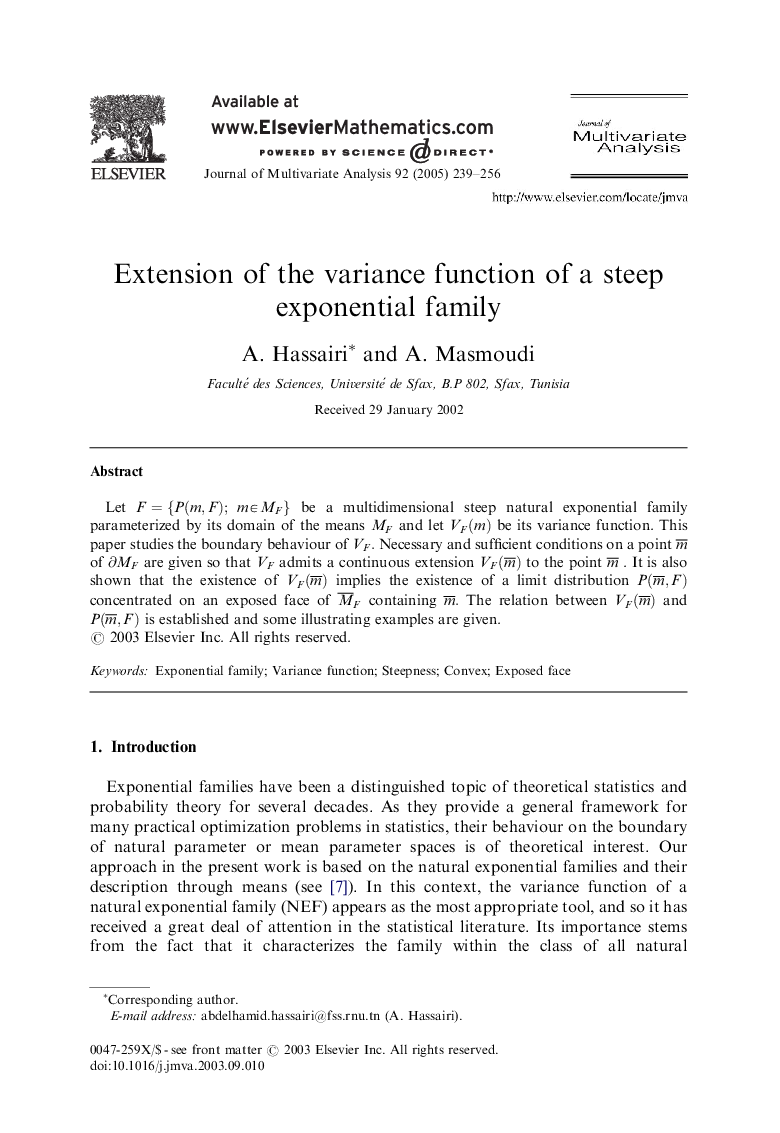 عکس صفحه اول مقاله: Extension of the variance function of a steep exponential family Extension of the variance function of a steep exponential family