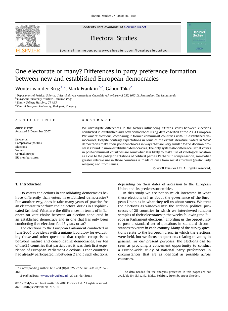 One electorate or many? Differences in party preference formation between new and established European democracies