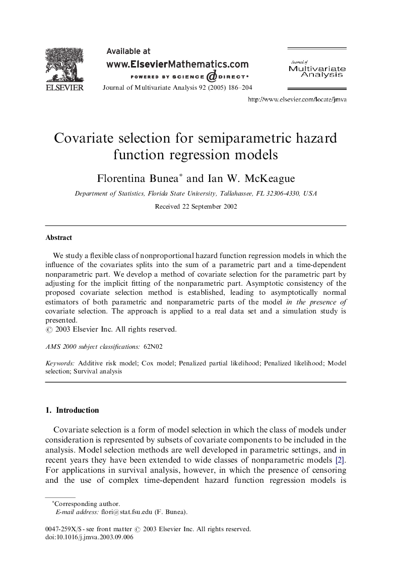 Covariate selection for semiparametric hazard function regression models