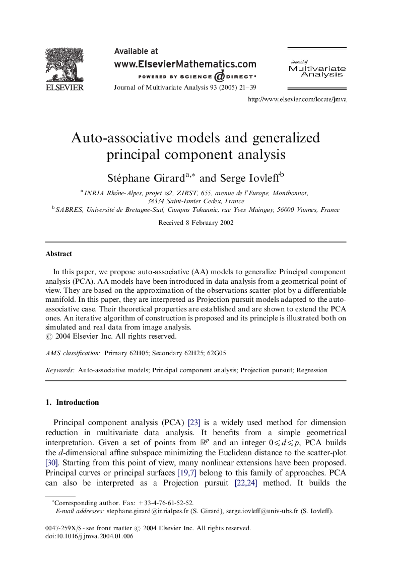 Auto-associative models and generalized principal component analysis