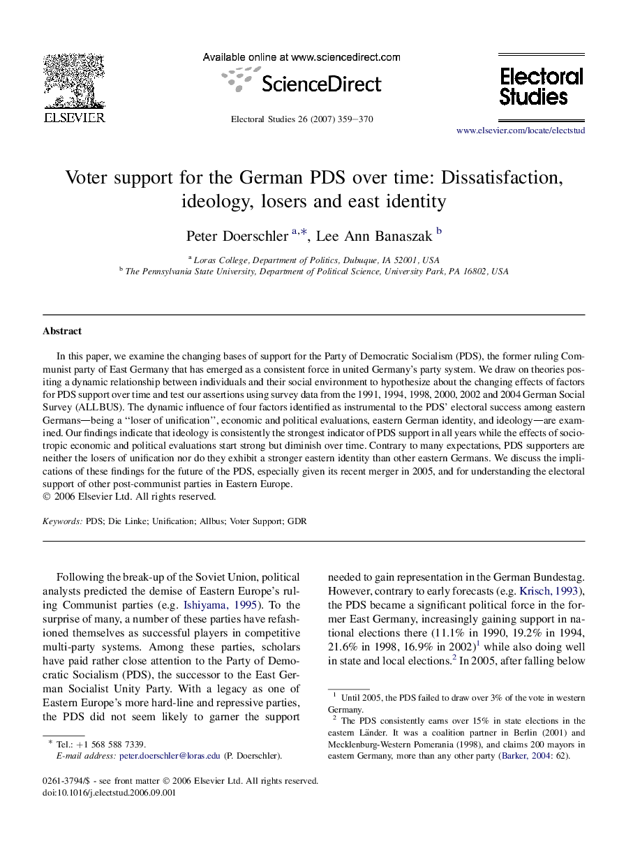 Voter support for the German PDS over time: Dissatisfaction, ideology, losers and east identity