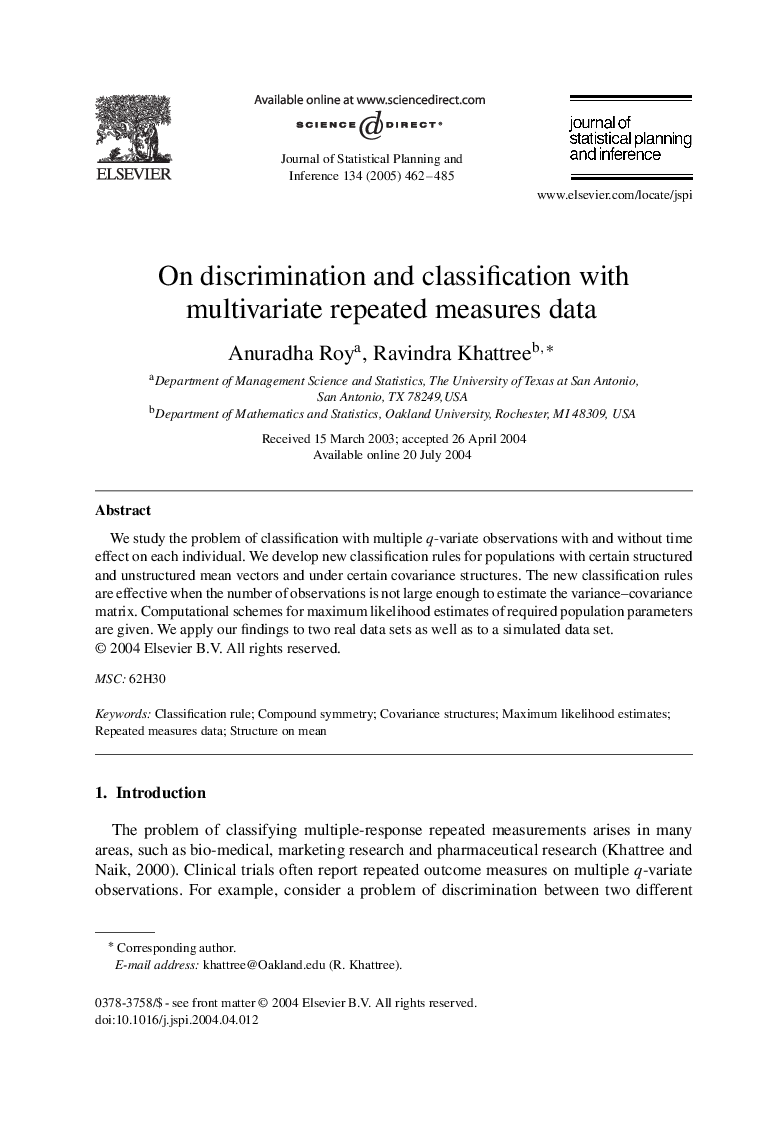 On discrimination and classification with multivariate repeated measures data