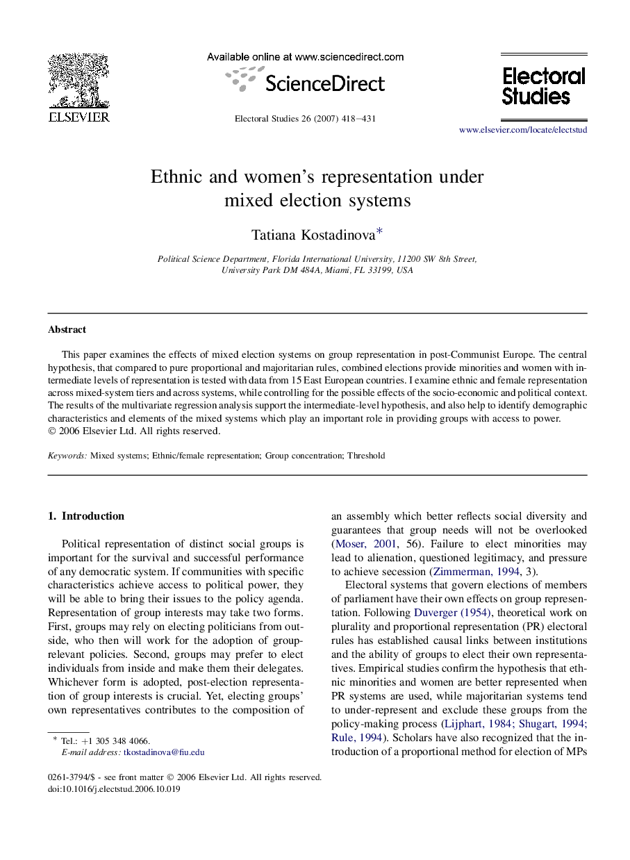 Ethnic and women's representation under mixed election systems