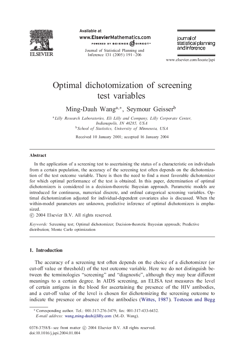 Optimal dichotomization of screening test variables