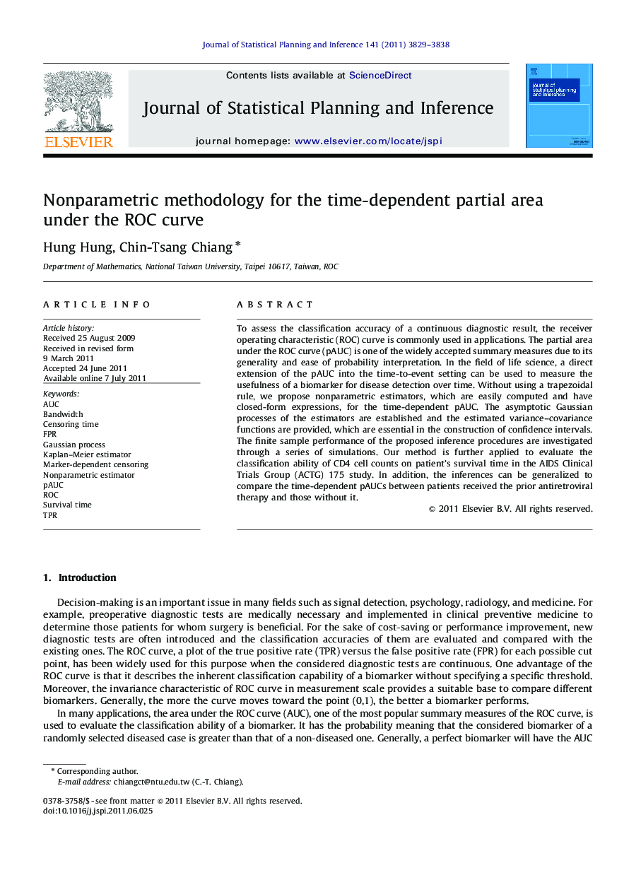 Nonparametric methodology for the time-dependent partial area under the ROC curve