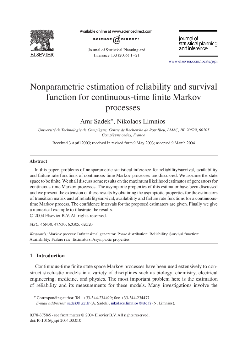 Nonparametric estimation of reliability and survival function for continuous-time finite Markov processes