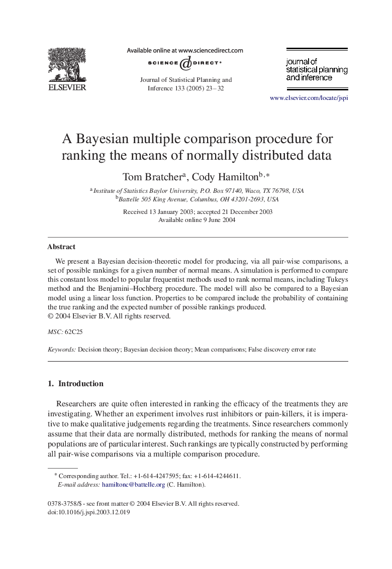 A Bayesian multiple comparison procedure for ranking the means of normally distributed data