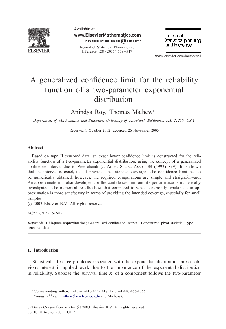 A generalized confidence limit for the reliability function of a two-parameter exponential distribution