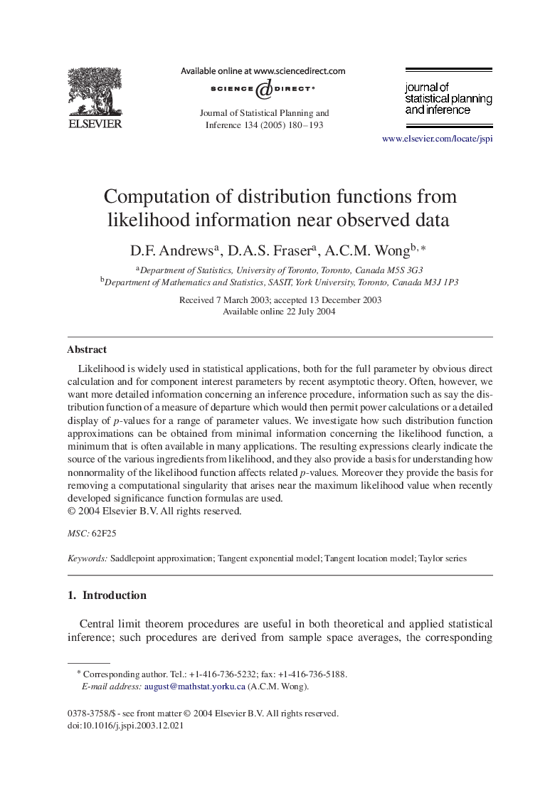 Computation of distribution functions from likelihood information near observed data