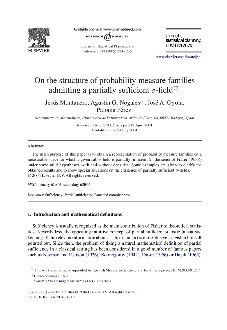 On the structure of probability measure families admitting a partially sufficient Ï-field