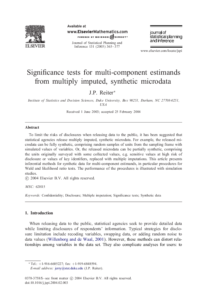 Significance tests for multi-component estimands from multiply imputed, synthetic microdata