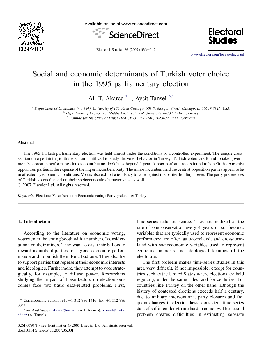 Social and economic determinants of Turkish voter choice in the 1995 parliamentary election