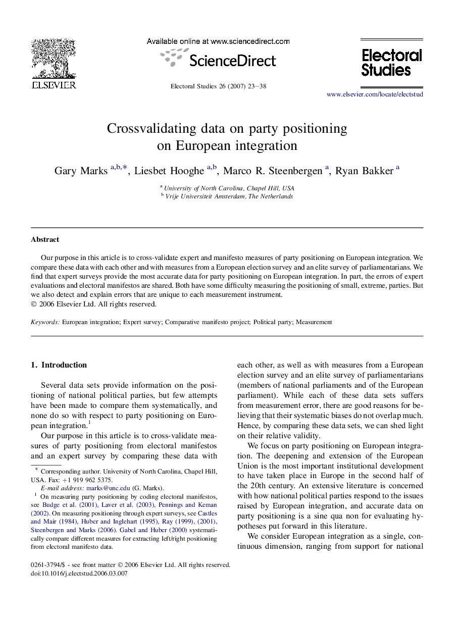 Crossvalidating data on party positioning on European integration