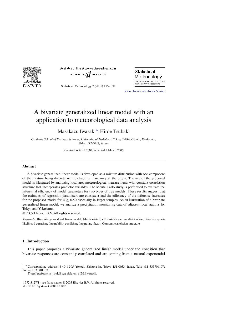 عکس صفحه اول مقاله: A bivariate generalized linear model with an application to meteorological data analysis A bivariate generalized linear model with an application to meteorological data analysis