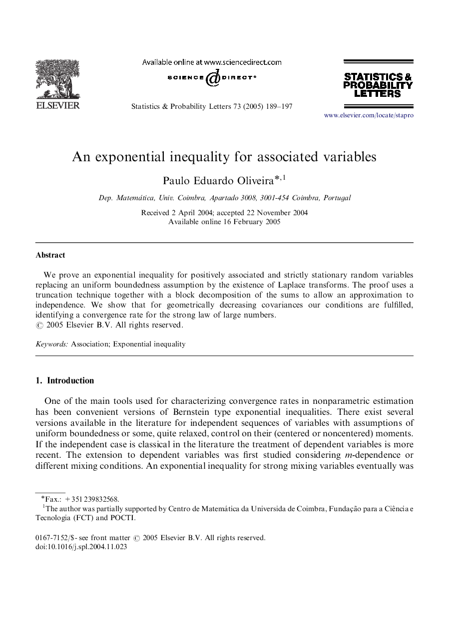 An exponential inequality for associated variables