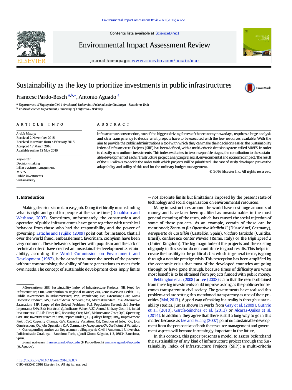 Sustainability as the key to prioritize investments in public infrastructures