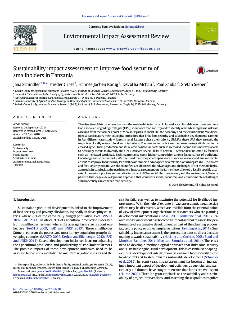 Sustainability impact assessment to improve food security of smallholders in Tanzania